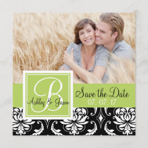Invitation Photo Enregistrer la date Noir Damas Initial Vert