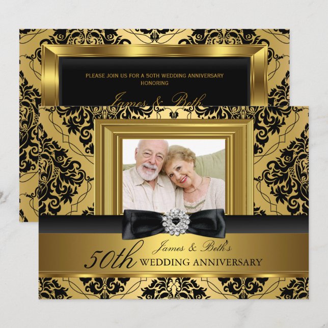 Invitation Photo enrubanné damask or 50 ans de mariage 2 (Devant / Derrière)