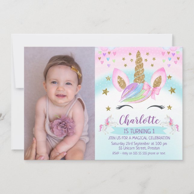 Invitation Photo Faux Gold Unicorn Rainbow 1er anniversaire (Devant)
