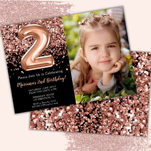 Invitation Photo Fête 2ème Anniversaire Rose Or Paillettes