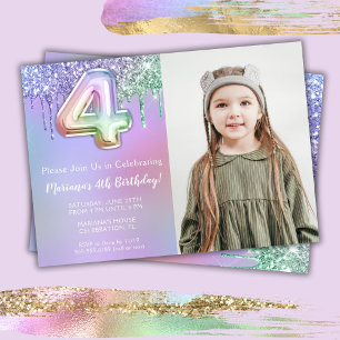Invitation Photo Fête d'anniversaire 4 ans Paillettes Rose Vi