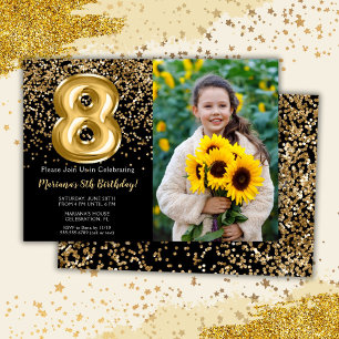 Invitation Photo fête d'anniversaire Black Gold Kids 8 ans