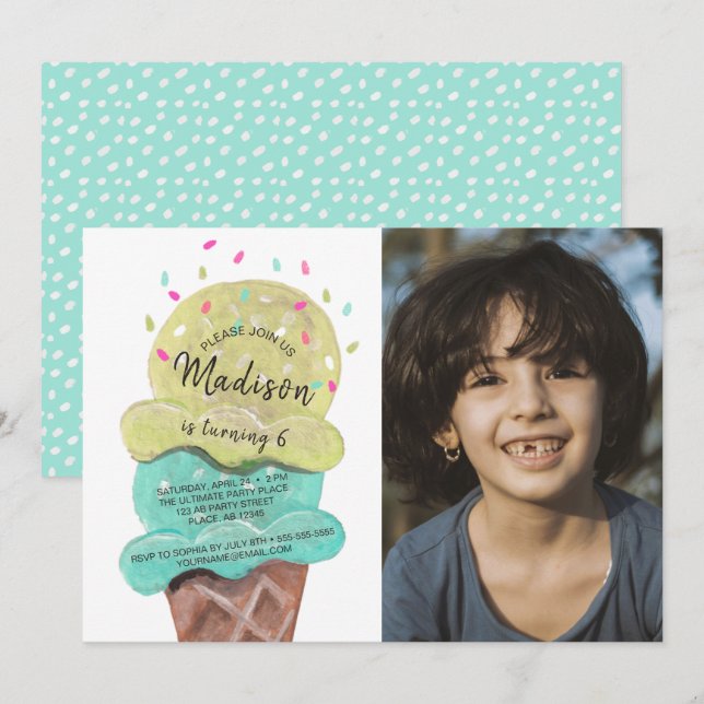 Invitation Photo fête d'anniversaire de la crème glacée bleu  (Devant / Derrière)