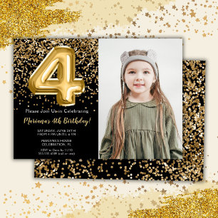 Invitation Photo Fête d'anniversaire enfant fille 4 ans Black