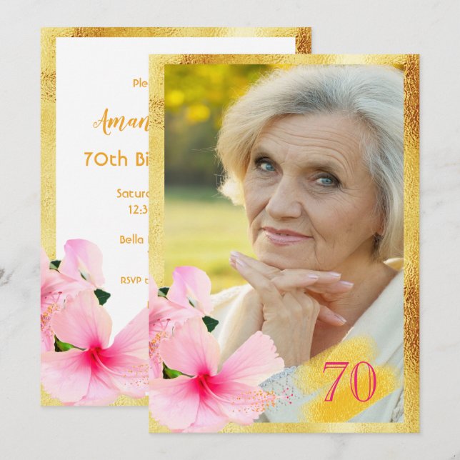 Invitation Photo fête du 70e anniversaire tropical fleuri bla (Devant / Derrière)