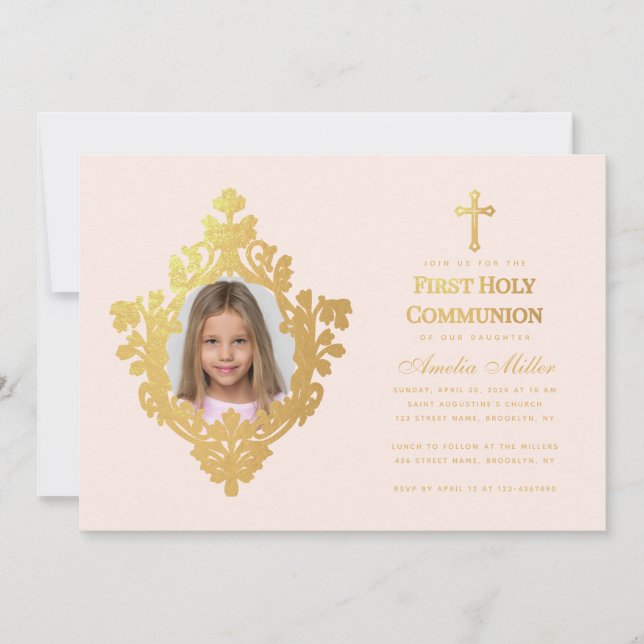 Invitation Photo Fille Première Communion Elégant Blush Faux  (Devant)