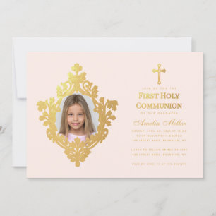 Invitation Photo Fille Première Communion Elégant Blush Faux 