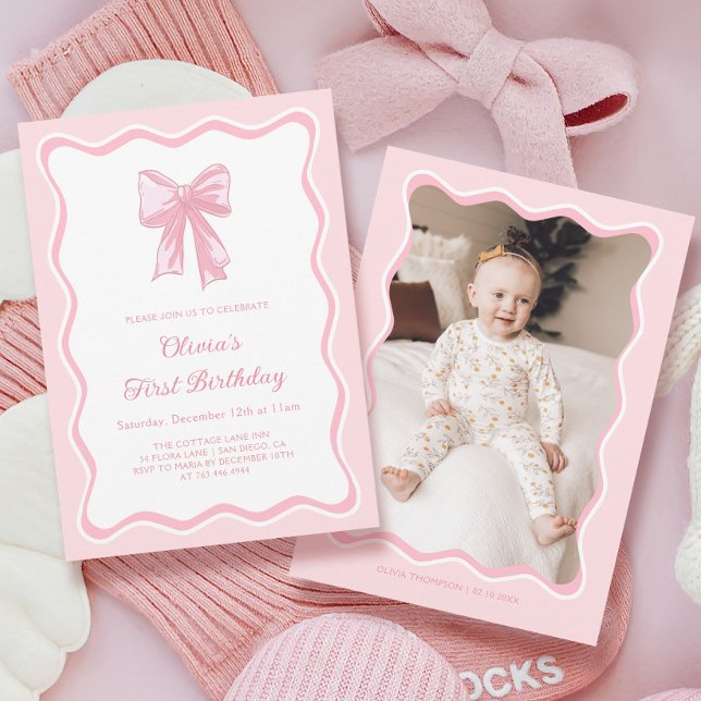 Invitation Photo Fille rose Coquette Bow fête d'anniversaire (Créateur téléchargé)