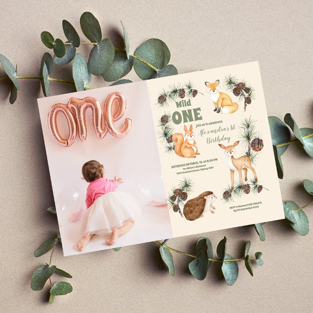 Invitation Photo Fille Woodland Animaux 1er anniversaire (Créateur téléchargé)