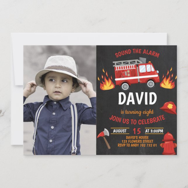 Invitation Photo Fireman Chalkboard Foyer Boys Anniversaire (Devant)