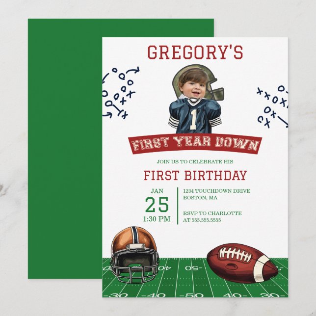 Invitation Photo First Year Down Football Boys 1er anniversai (Devant / Derrière)