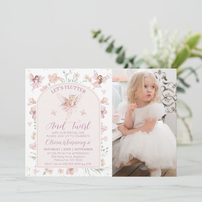 Invitation Photo Fleuron rose Fairy Fbattage Twirl Anniversai (Debout devant)