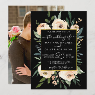 Invitation Photo Fleurs Beige Roses Blush Or Noir Mariage