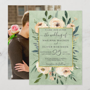 Invitation Photo Fleurs Beige Roses Blush Or Sage Mariage