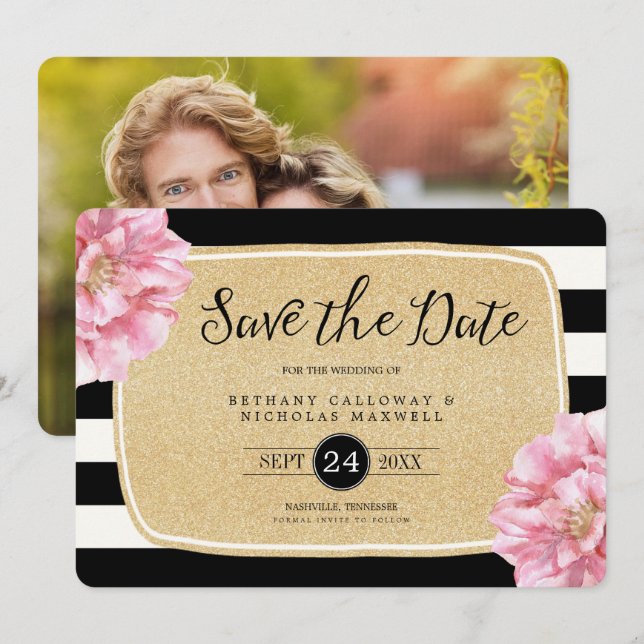 Invitation Photo Floral Chic Sauvez la date| Parties scintill (Devant / Derrière)