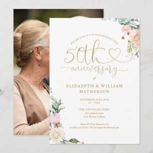 Invitation Photo floral cœur doré 50e anniversaire