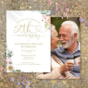 Invitation Photo floral cœur doré 50e anniversaire