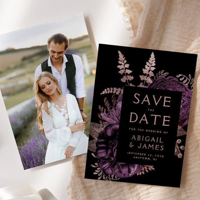 Invitation Photo Floral Purple Rose Gold Enregistrer la date (Créateur téléchargé)
