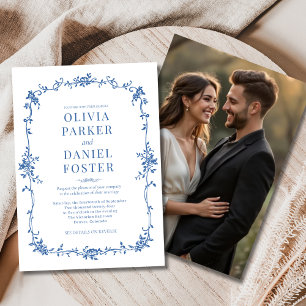Invitation Photo Floral Victorien Français Mariage Royal Bleu