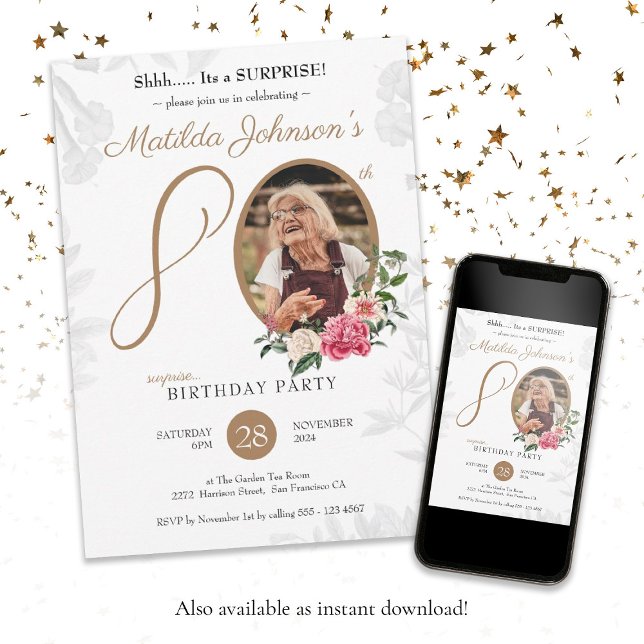 Invitation Photo florale blanche personnalisée 80e anniversai (White 80th Surprise Birthday Floral Custom Photo Invitation)