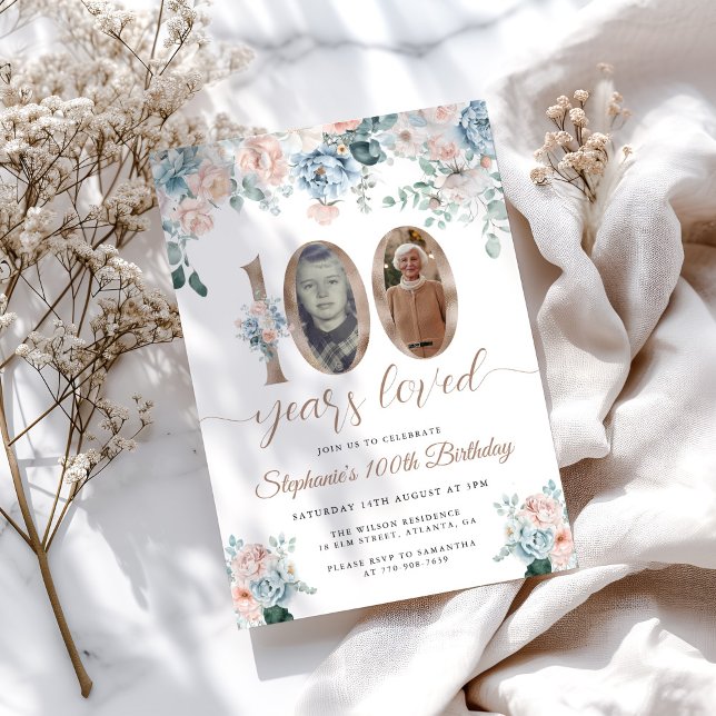 Invitation Photo florale bleu et rose 100e anniversaire (Créateur téléchargé)