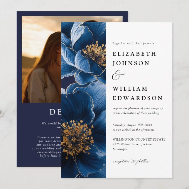 Invitation Photo florale bleu marine moderne QR Code Mariage (Devant / Derrière)
