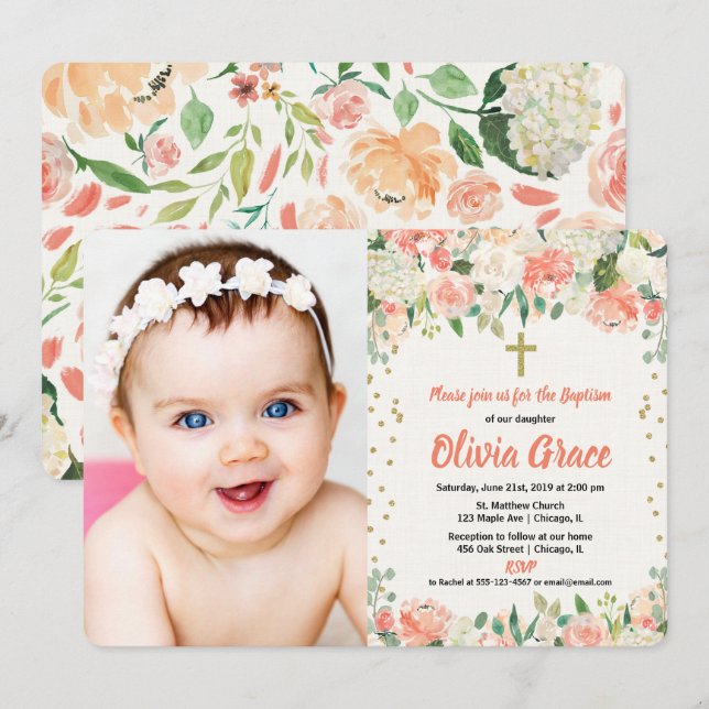 Invitation Photo florale de fille de baptême de pêche et de (Devant / Derrière)