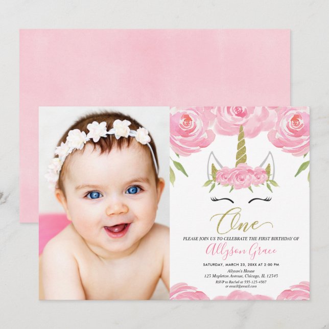 Invitation Photo florale élégante du 1er anniversaire de l'Un (Devant / Derrière)