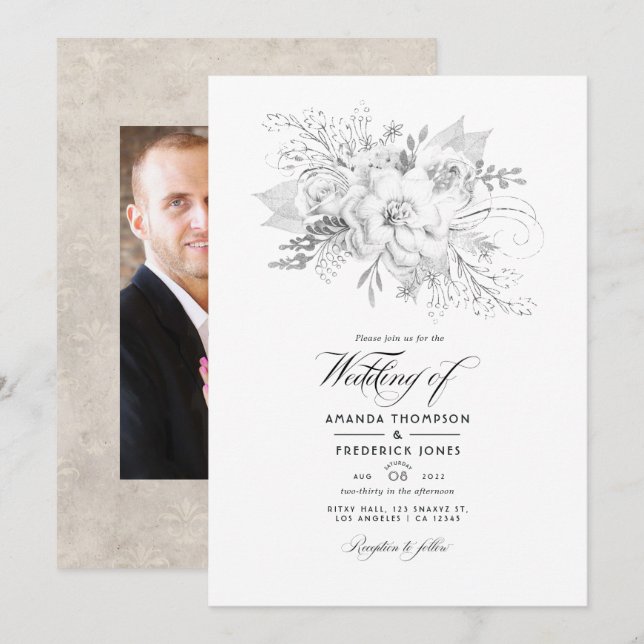 Invitation Photo Florale Mariage blanche (Devant / Derrière)