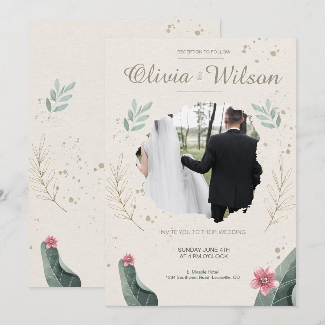 Invitation Photo florale moderne Mariage rustique (Devant / Derrière)
