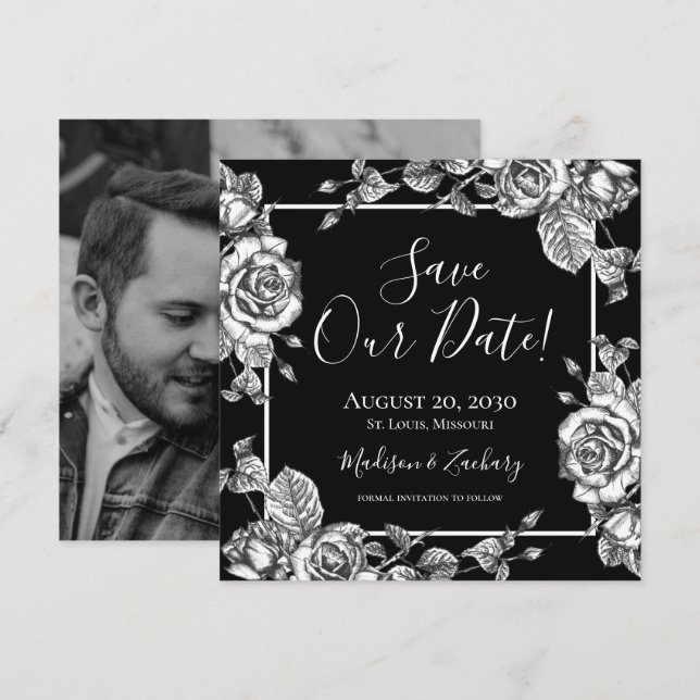 Invitation Photo Florale noire blanche Sauvez notre date (Devant / Derrière)