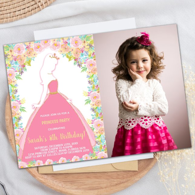Invitation Photo Florale Parties scintillant rose princesse A (Photo Floral Glitter Pink Princess Birthday Invitation)
