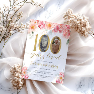 Invitation Photo florale rose et or 100e anniversaire