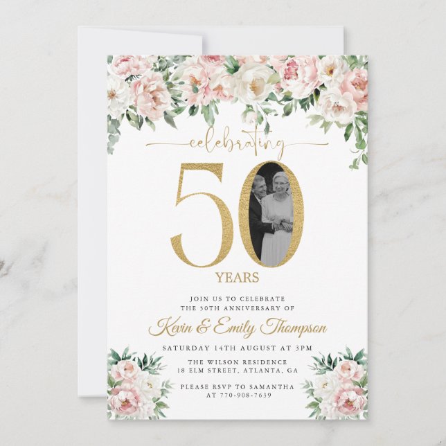 Invitation Photo florale rose pâle 50e anniversaire (Devant)