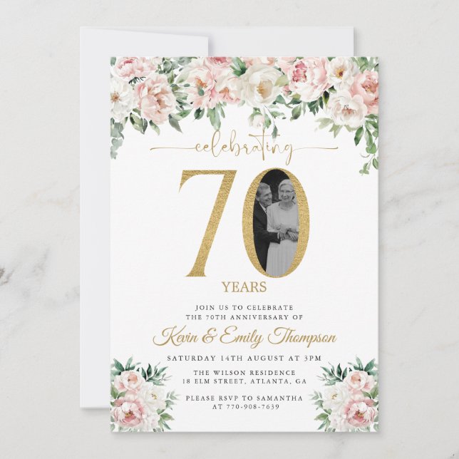 Invitation Photo florale rose pâle 70e anniversaire (Devant)