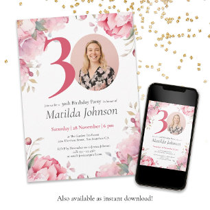 Invitation Photo florale rose sur mesure 30e anniversaire