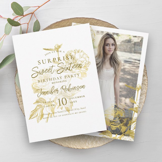 Invitation Photo florale simple or SURPRISE Sweet 16 (Simple Gold Floral Photo SURPRISE Sweet 16 Invitation)