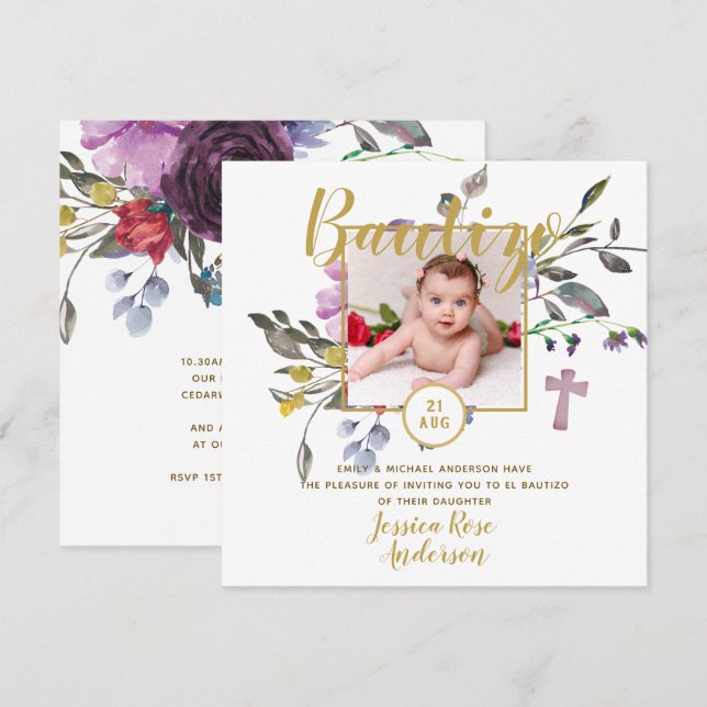 Invitation Photo Florale violet Bautizo Invitacion Espagnol (Devant / Derrière)