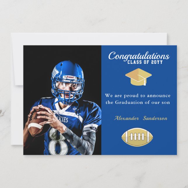 Invitation Photo Football joueur graduation bleue (Devant)