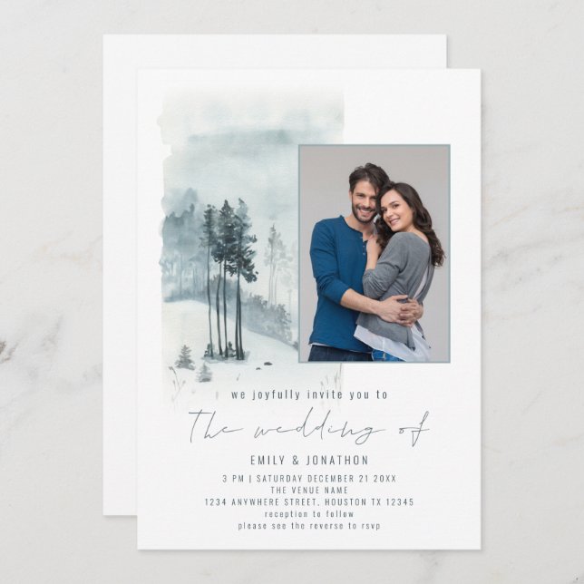 Invitation Photo Forêt de Neige Élégant Script Mariage d'hive (Devant / Derrière)