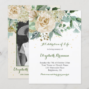 Invitation Photo funéraire Élégant Rose Floral Green Foliage