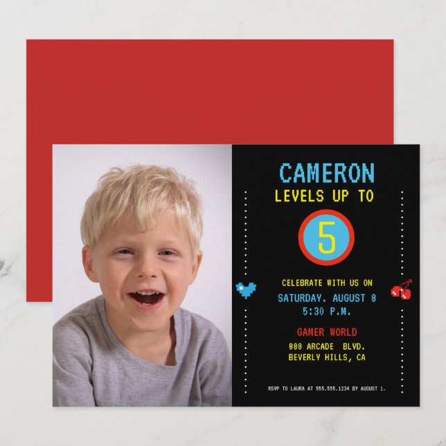 Invitation Photo Gamer Pixel Arcade niveau jusqu'à 5ème anniv (Devant / Derrière)