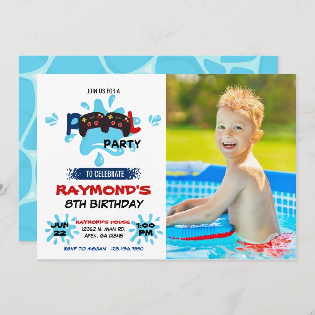 Invitation Photo Gamer Pool Party Anniversaire (Devant / Derrière)
