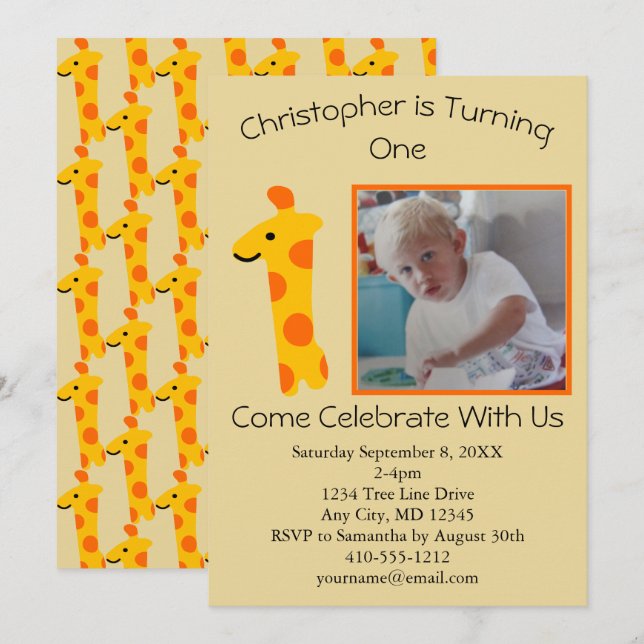 Invitation Photo Giraffe Orange et Jaune 1er anniversaire (Devant / Derrière)
