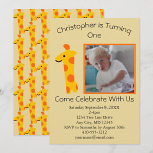 Invitation Photo Giraffe Orange et Jaune 1er anniversaire