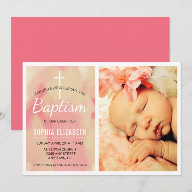 Invitation Photo Girl Baptême, Aquarelle rose et or (Devant / Derrière)