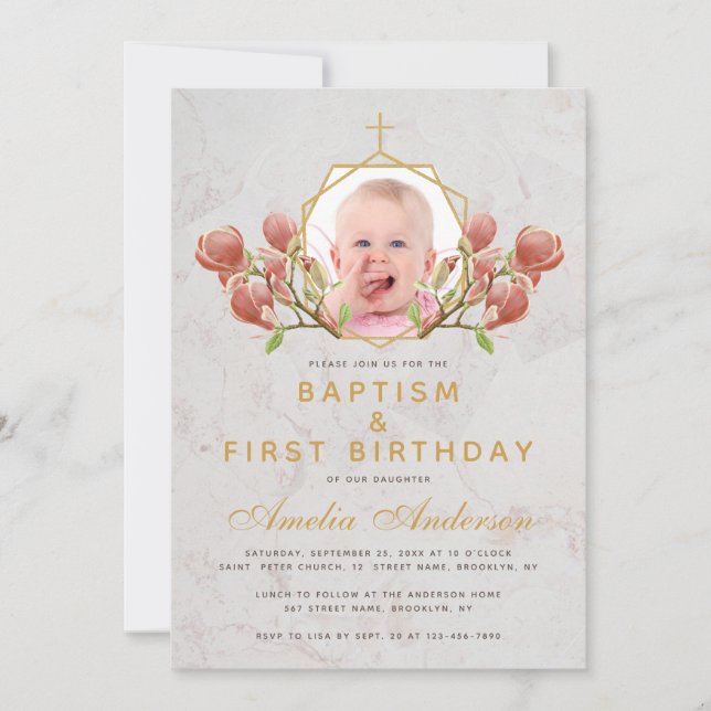 Invitation Photo Girl Baptême rose Magnolia Premier anniversa (Devant)