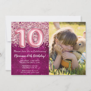 Invitation Photo Girl Magenta Parties scintillant rose 10e an
