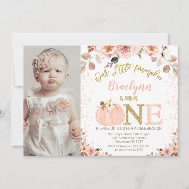 Invitation Photo Girls Rustic Fall Citrouille 1er anniversair (Devant)
