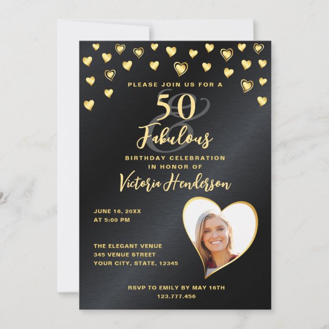Invitation Photo Glam Black & Gold 50 et Fabuleux anniversair (Devant)